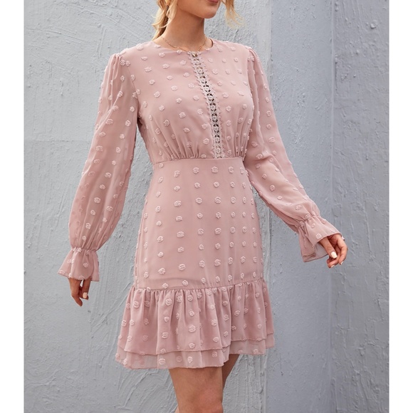 Dusty Pink Lace Insert Swiss Dot Layered Dress - Picture 3 of 6